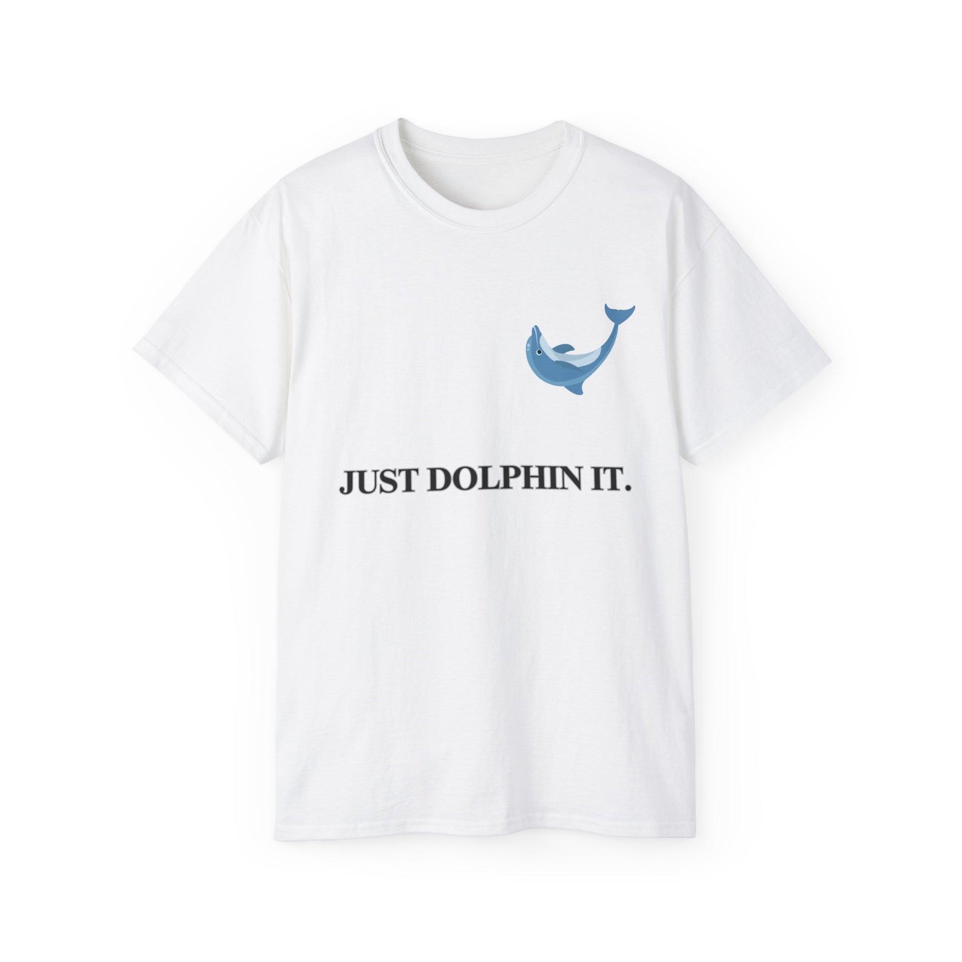 Just Dolphin It T-shirt with dolphin-shaped Nike swoosh parody