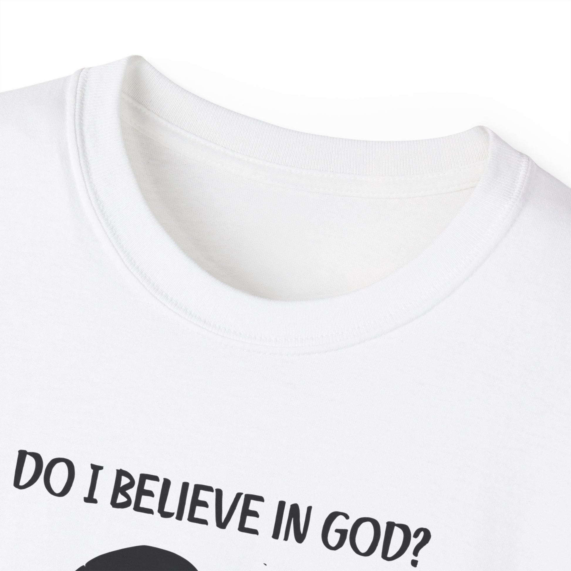 Close-up of Mancunian Self-Belief T-shirt collar and neckline stitching detail