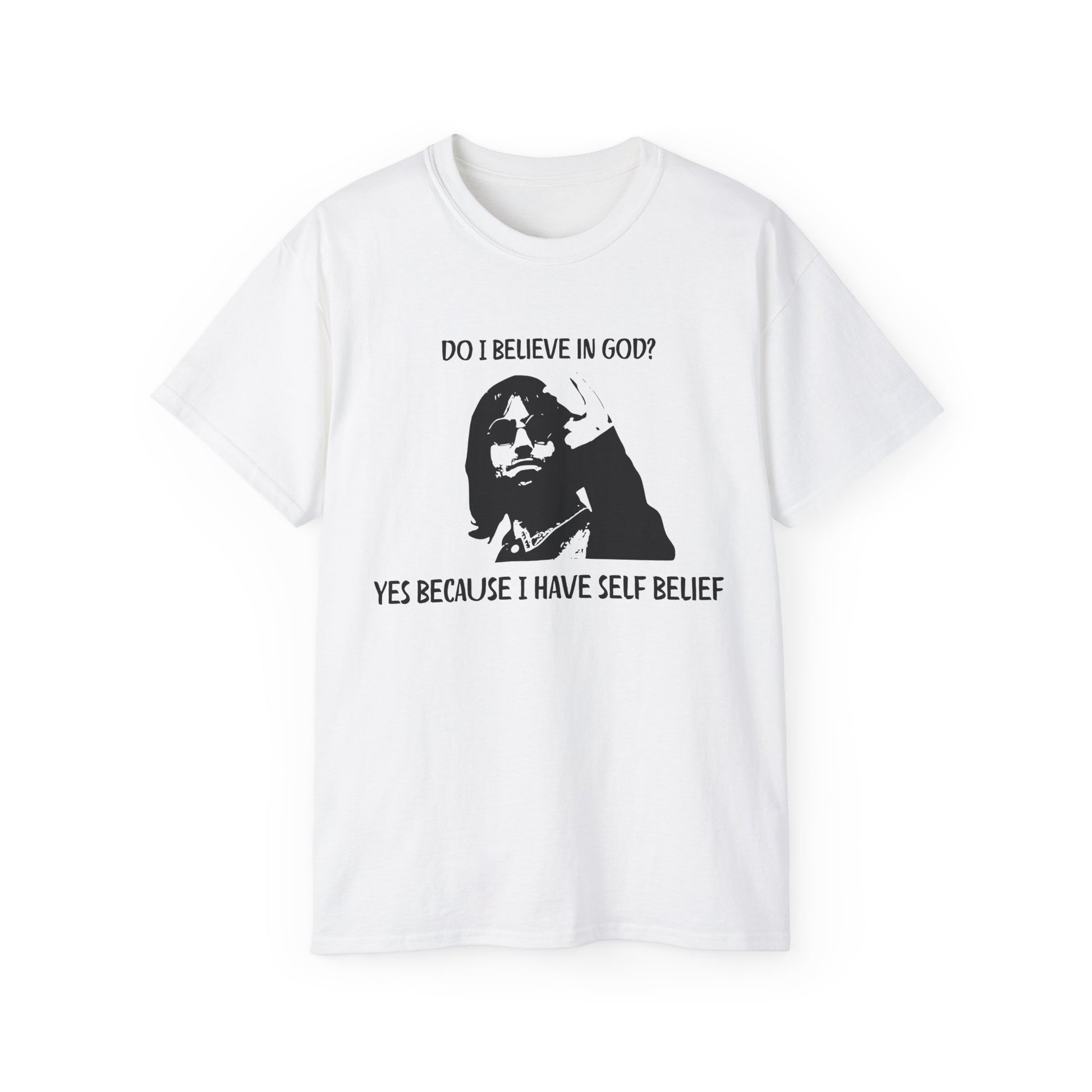 Front view of Mancunian Self-Belief T-shirt featuring Liam Gallagher sketch and self-belief quote