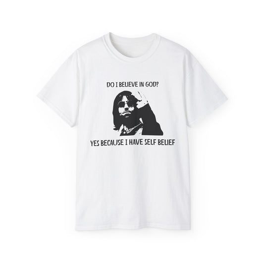 Front view of Mancunian Self-Belief T-shirt featuring Liam Gallagher sketch and self-belief quote