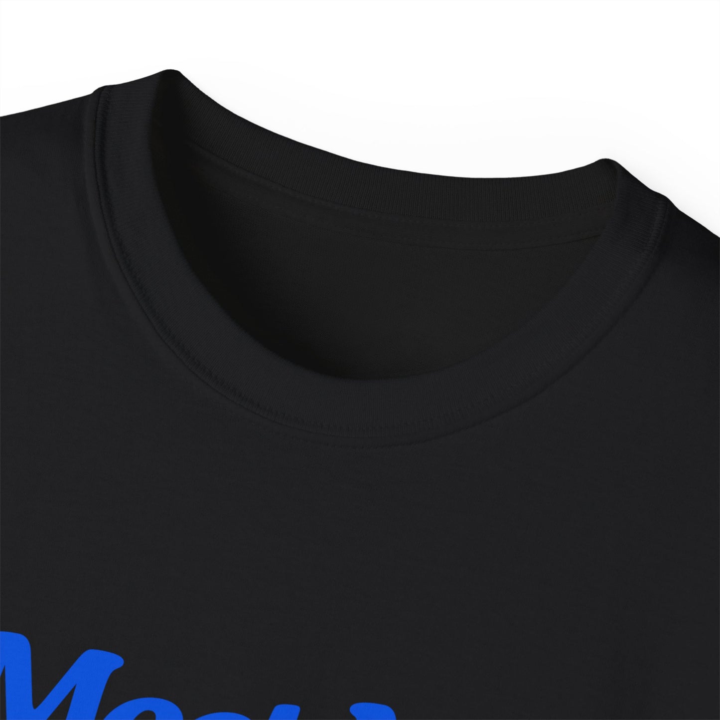 Collar detail of funny space-themed Meet Me Halfway T-shirt – unisex fit, black colour version