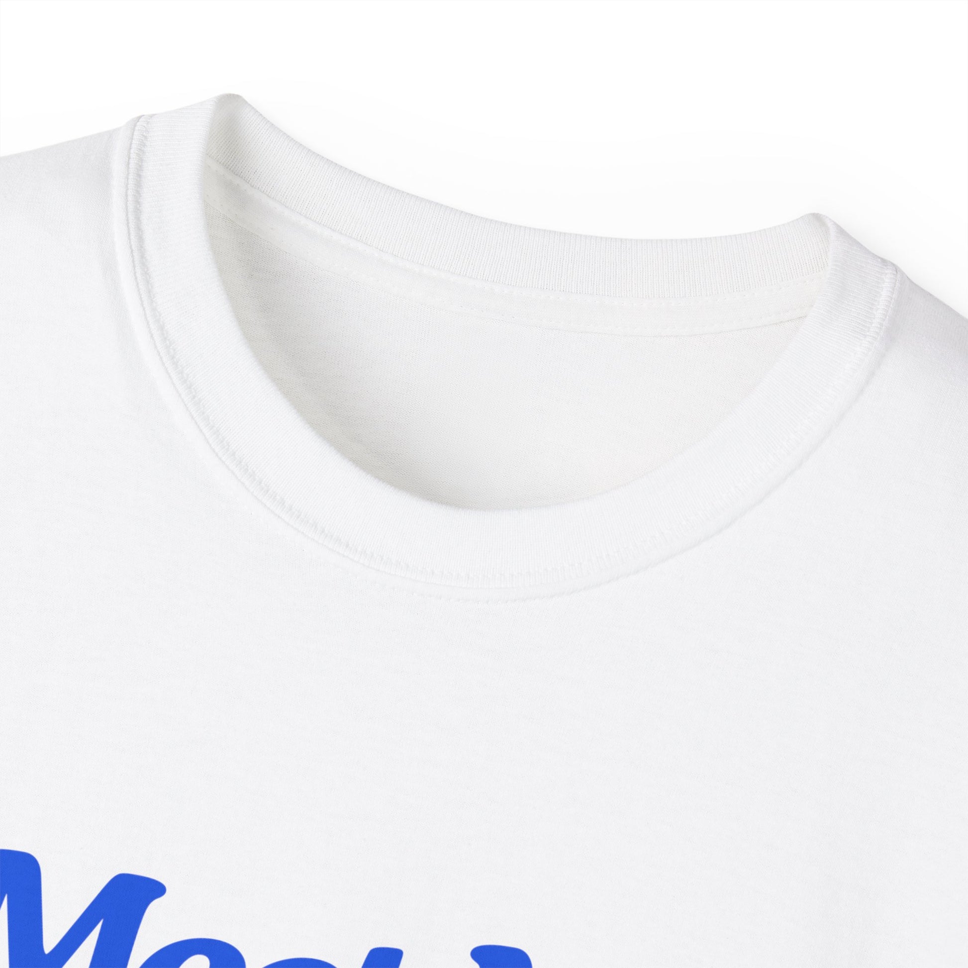 Collar detail of funny space-themed Meet Me Halfway T-shirt – unisex fit