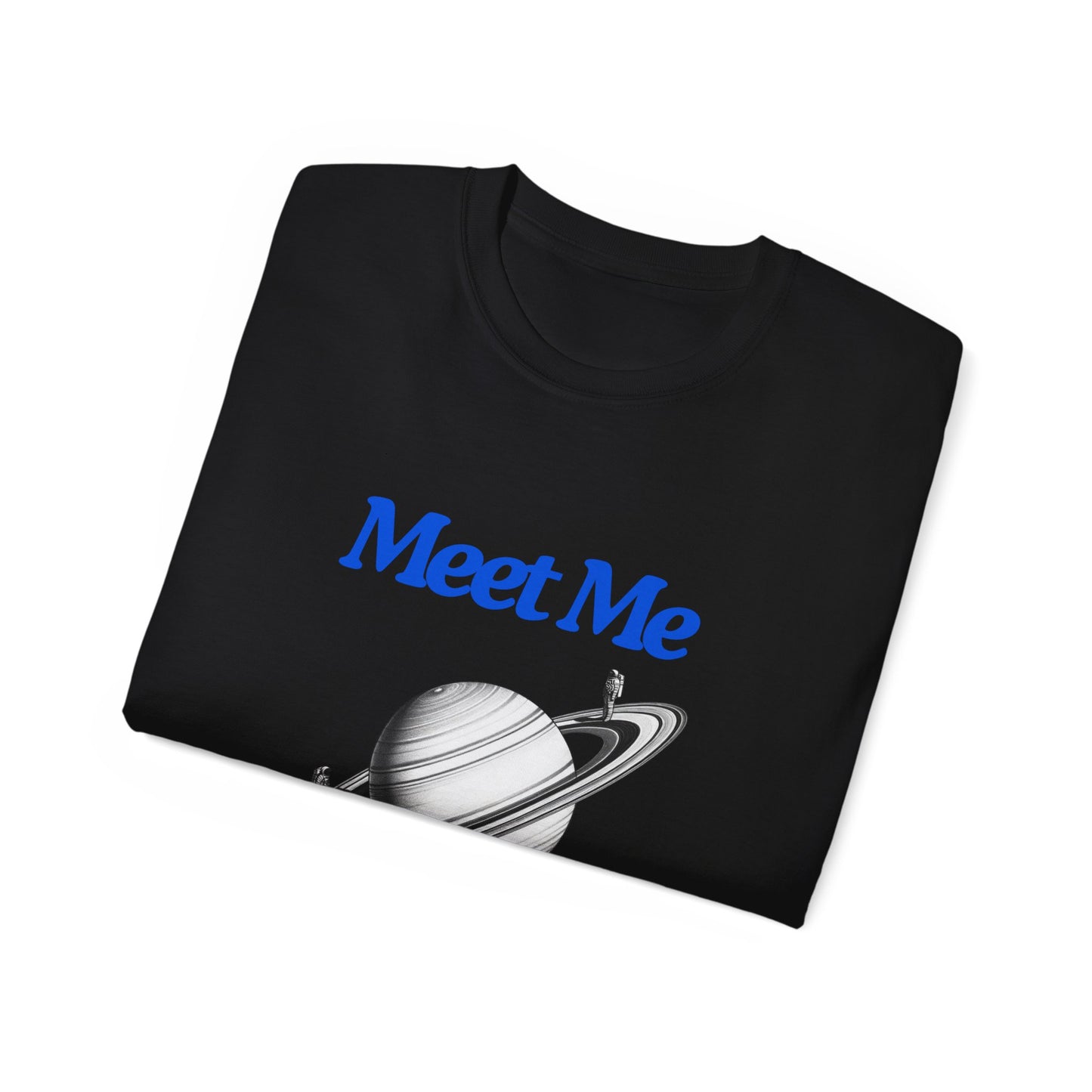 Folded astronaut tee showing partial Saturn ring design – Meet Me Halfway shirt, black colour version