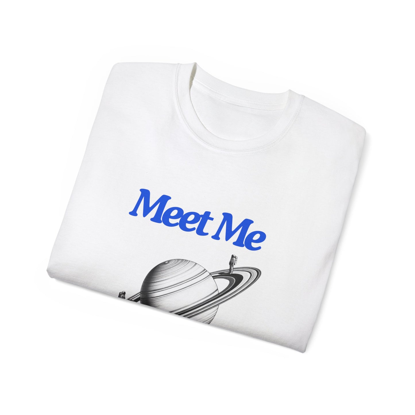 Folded astronaut tee showing partial Saturn ring design – Meet Me Halfway shirt
