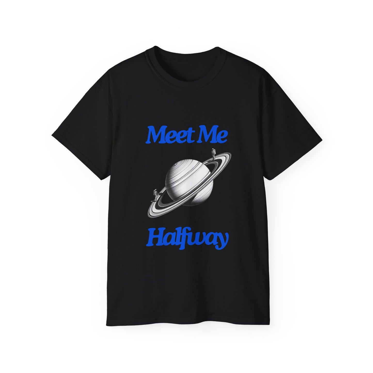 Meet Me Halfway T-shirt with two astronauts standing across Saturn’s ring – space design front view, black colour version