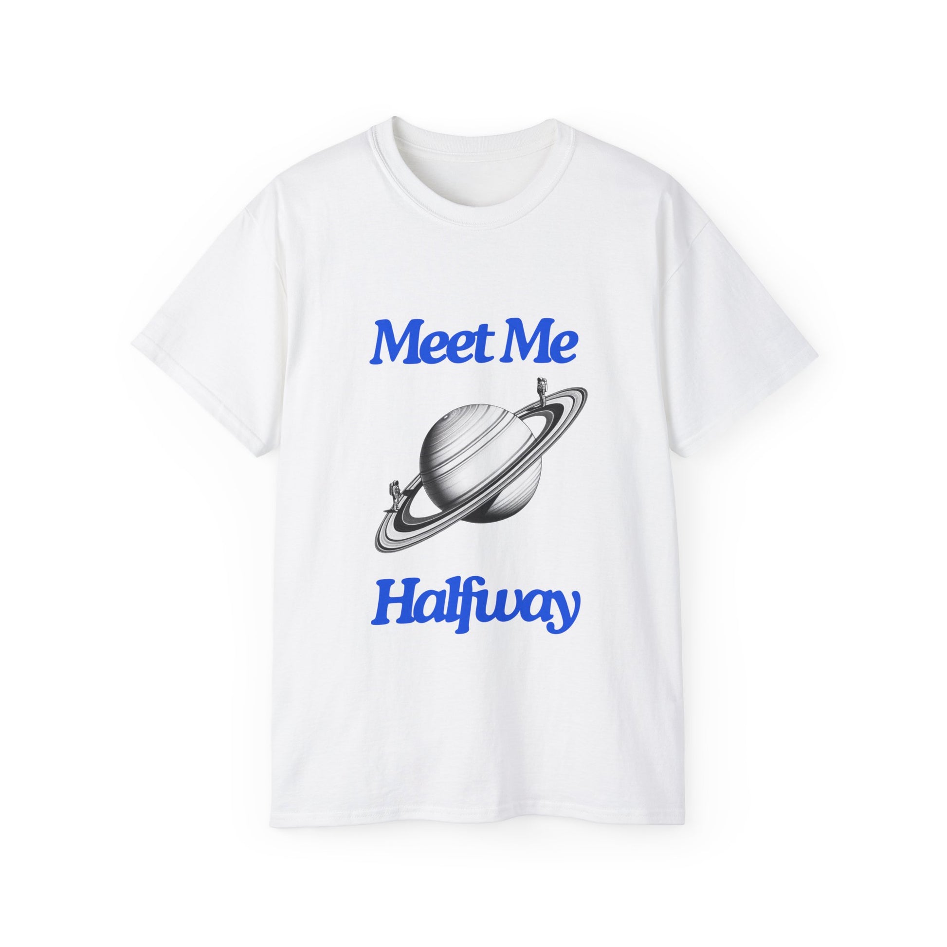 Meet Me Halfway T-shirt with two astronauts standing across Saturn’s ring – space design front view