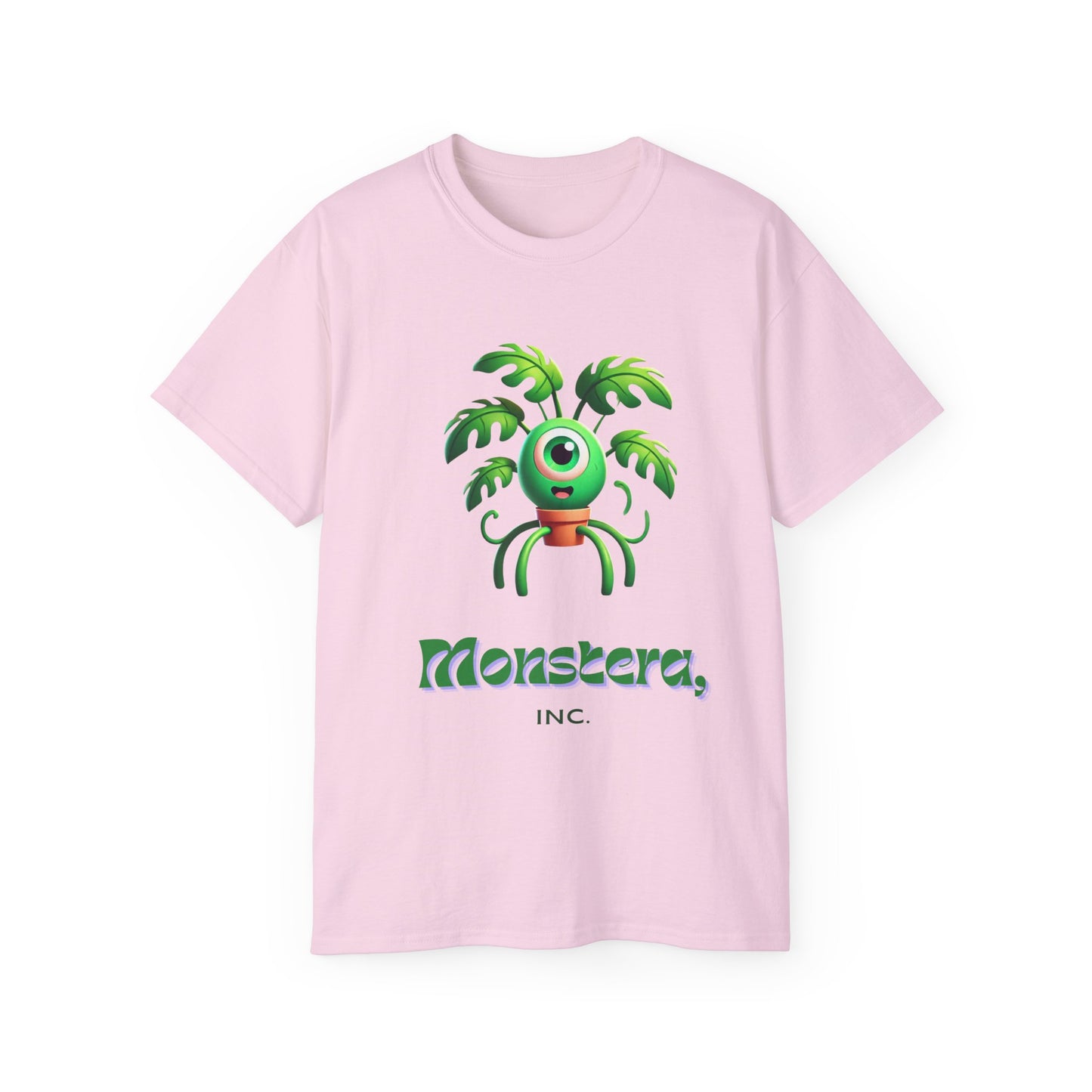 Monstera Inc. T-shirt with plant and Mike Wazowski-inspired design – front view, pink colour version