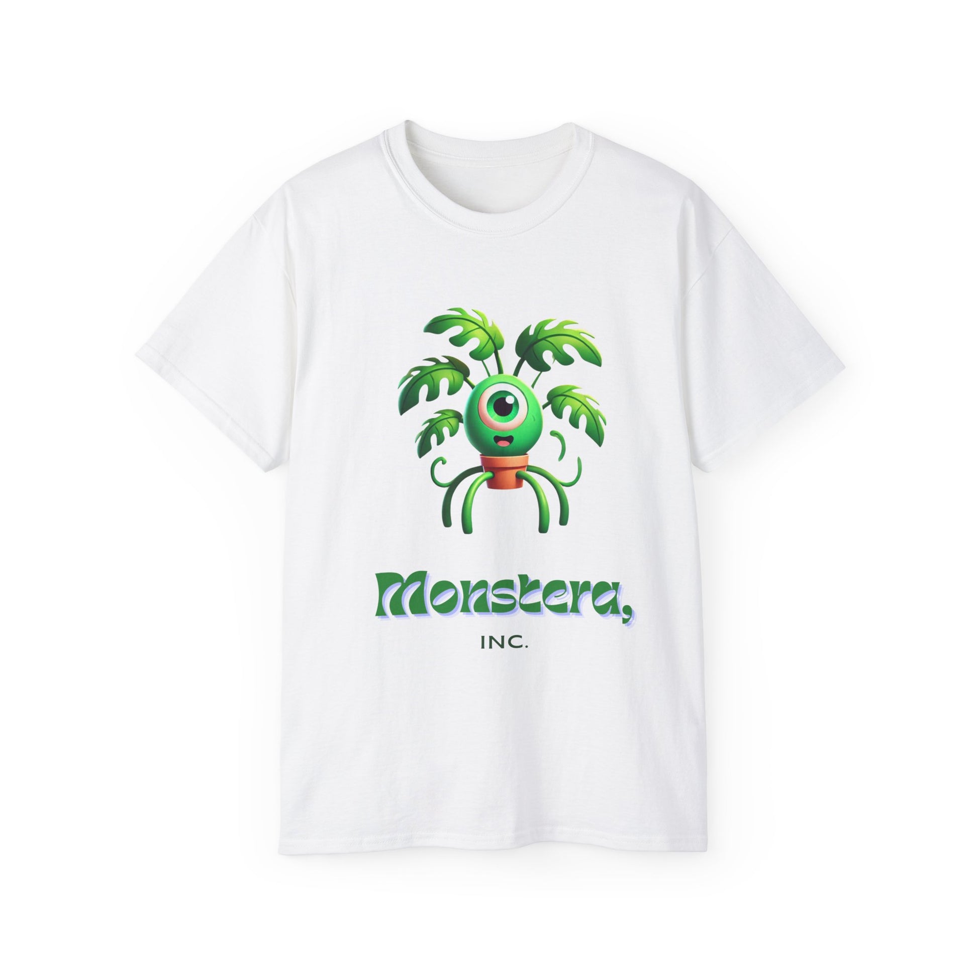 Monstera Inc. T-shirt with plant and Mike Wazowski-inspired design – front view