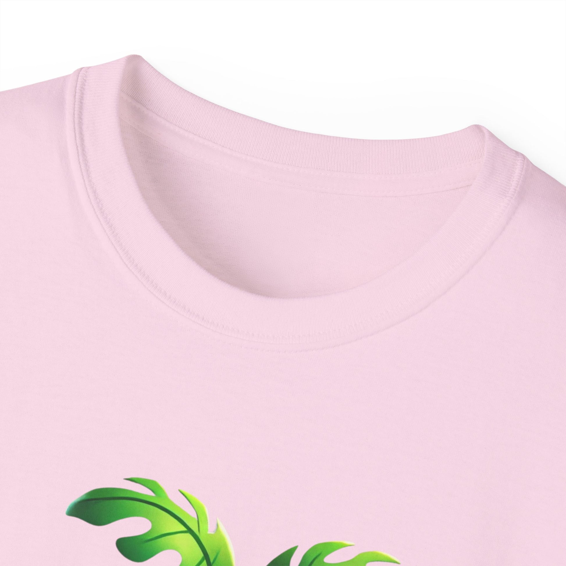 Collar close-up of Monstera Inc. T-shirt – soft cotton fabric detail, pink colour. version