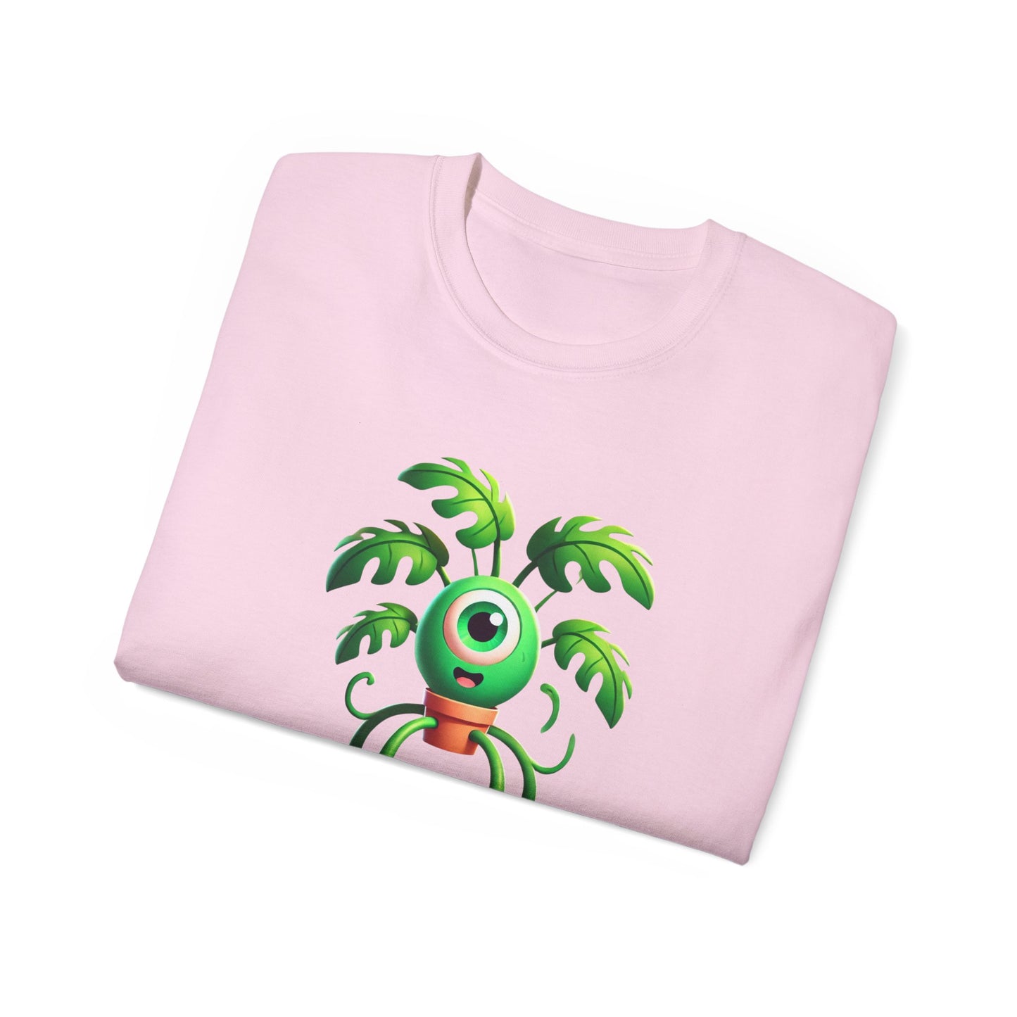 Folded Monstera Inc. T-shirt showing part of plant-monster design, pink colour version