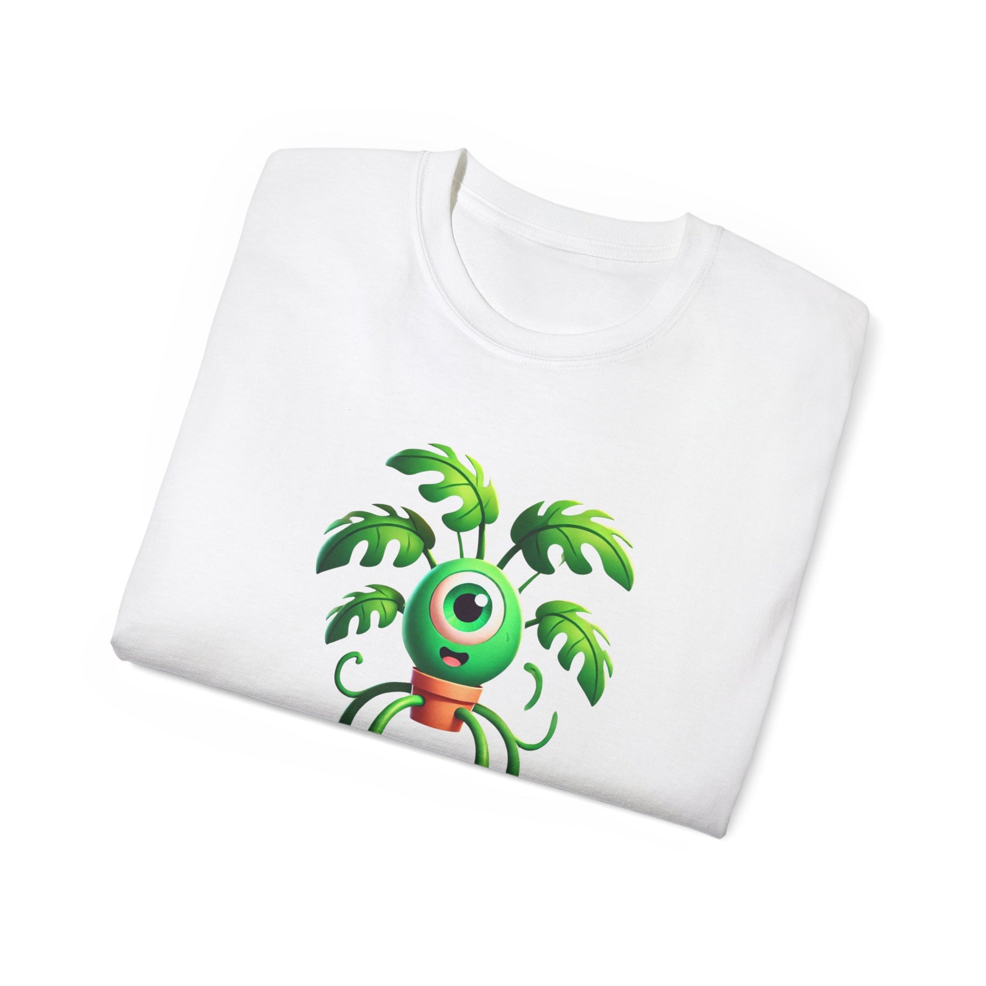 Folded Monstera Inc. T-shirt showing part of plant-monster design