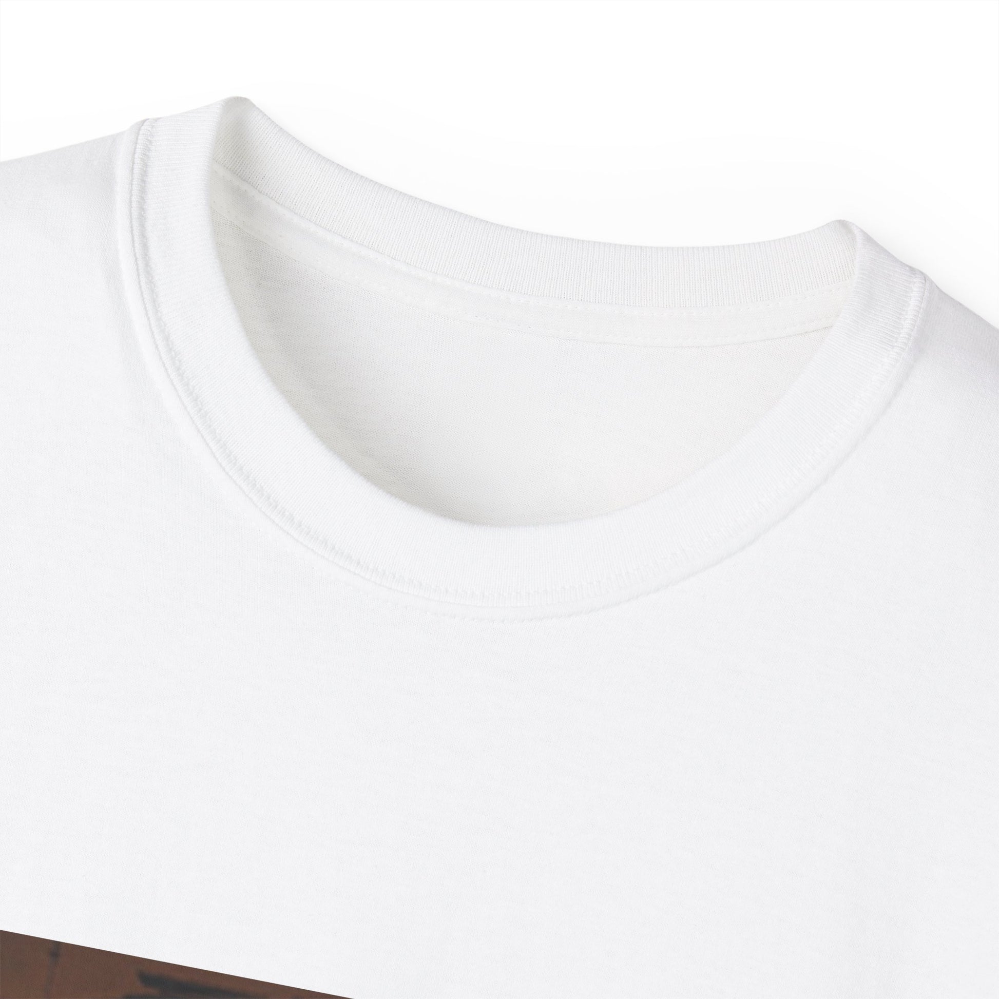 Close-up of Original Pirate Material T-shirt collar and neckline stitching detail