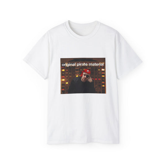 Front view of Original Pirate Material T-shirt featuring Mike Skinner dressed as a pirate in front of tower block