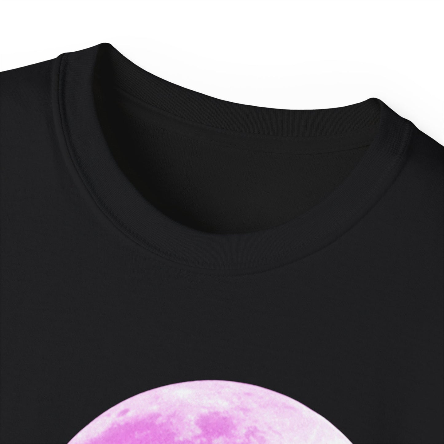 Close-up of Respect Our Moons T-shirt collar and neckline stitching detail