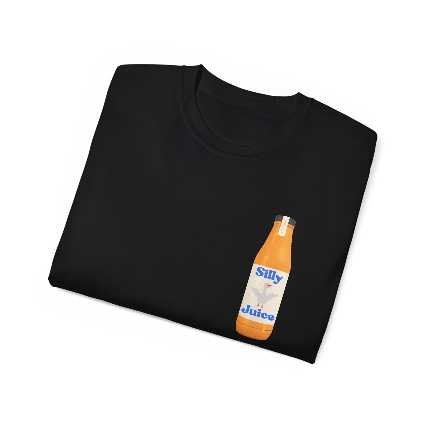 Folded Silly Goose Juice T-shirt partially showing wild goose and juice bottle graphic
