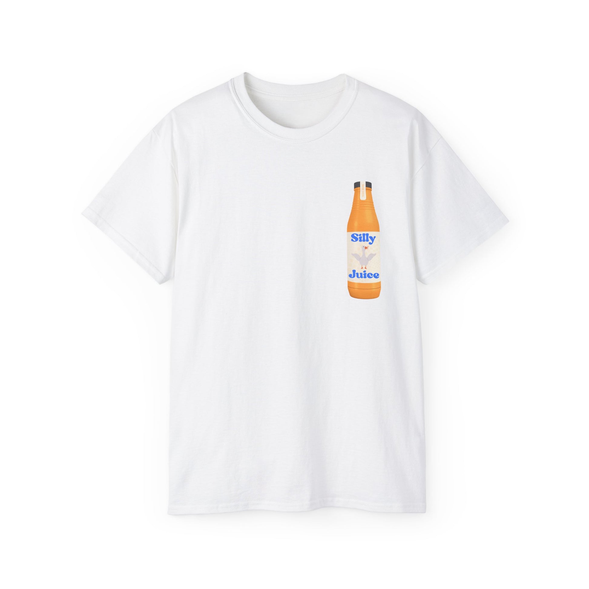 Front view of Silly Goose Juice T-shirt featuring wild-eyed goose on a chaotic juice label design white colour version
