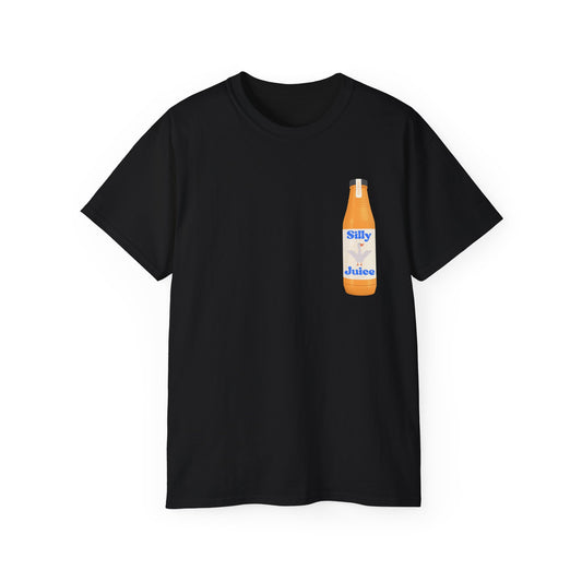Front view of Silly Goose Juice T-shirt featuring wild-eyed goose on a chaotic juice label design