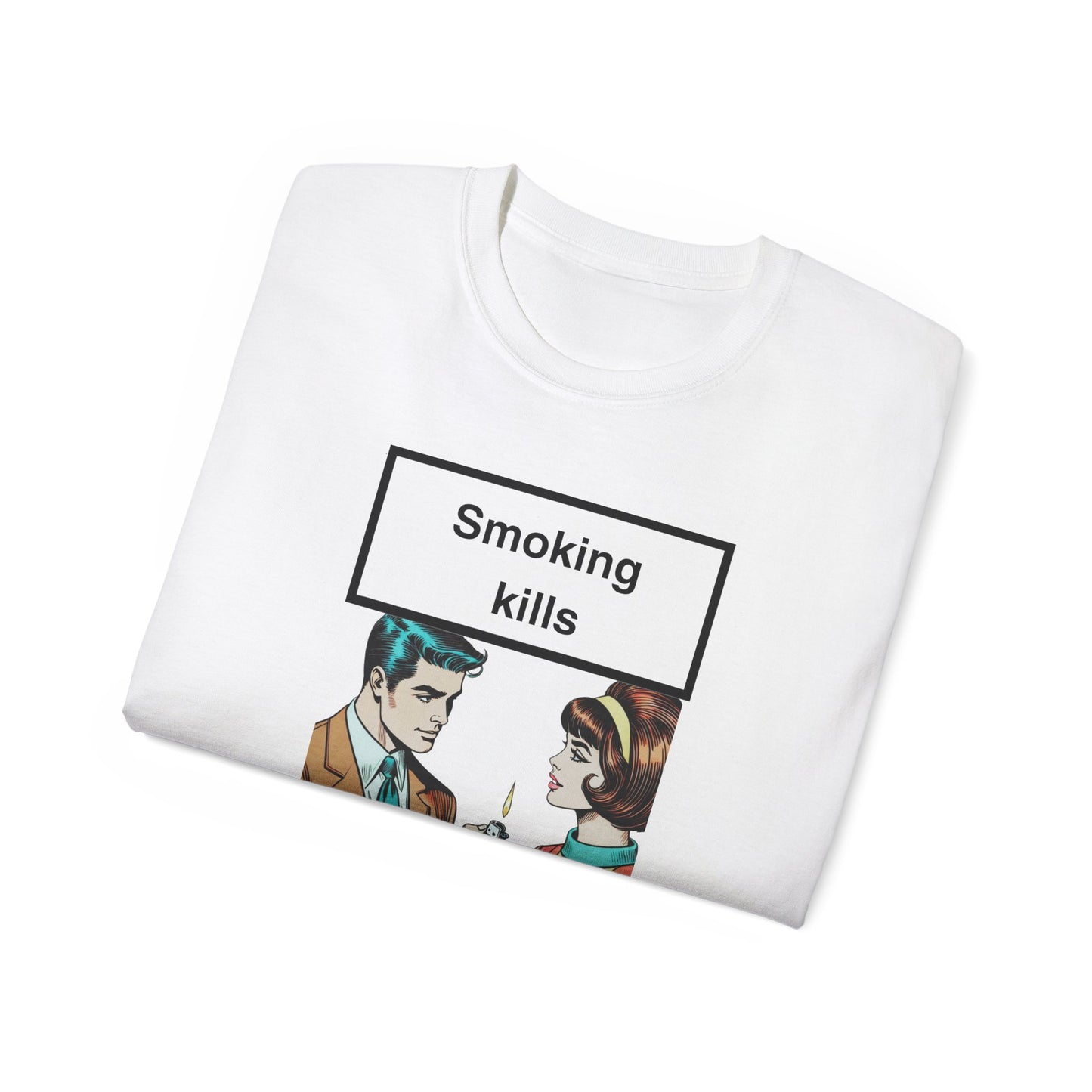 Folded Smoking Kills T-shirt with part of cigarette lighting graphic visible