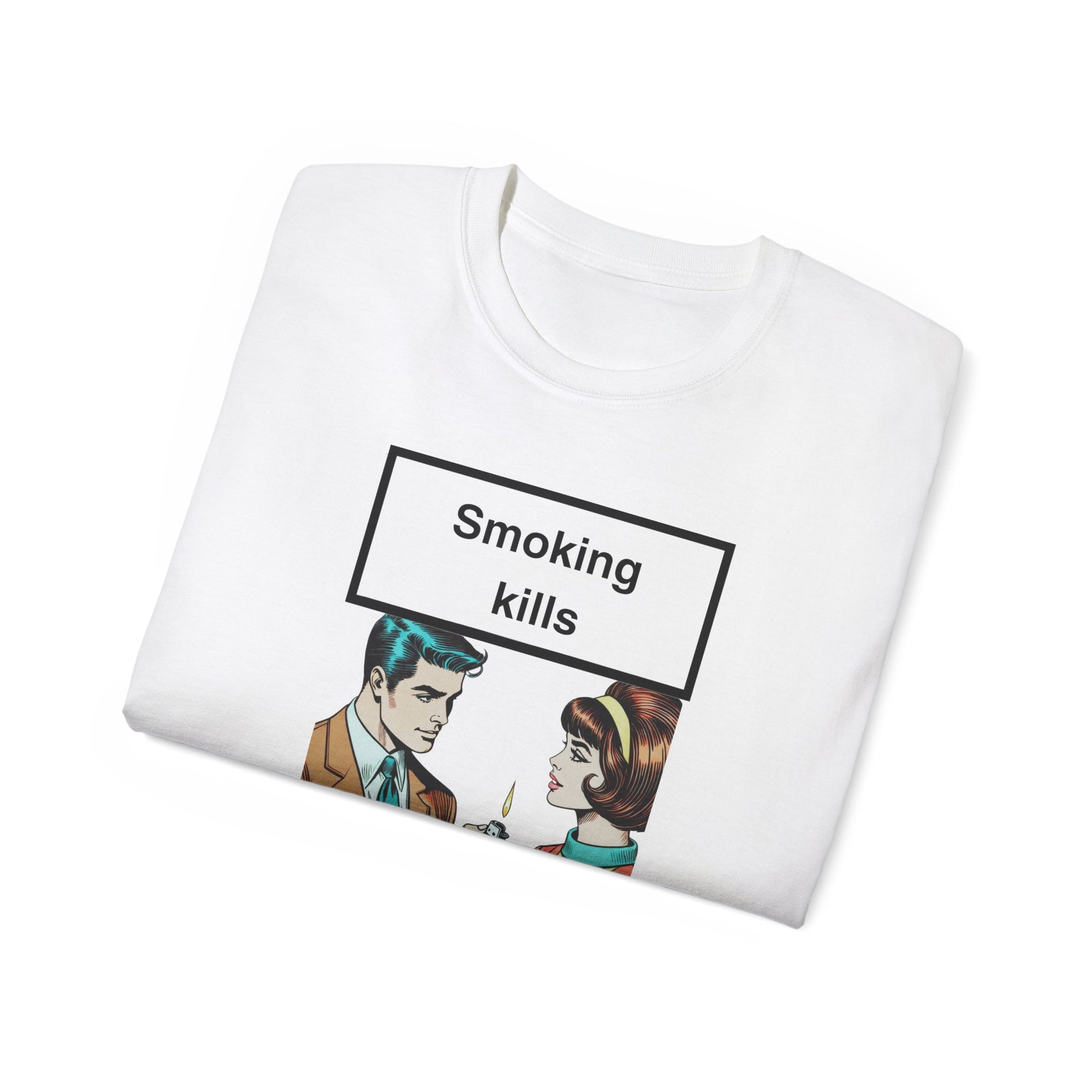 Folded Smoking Kills T-shirt with part of cigarette lighting graphic visible