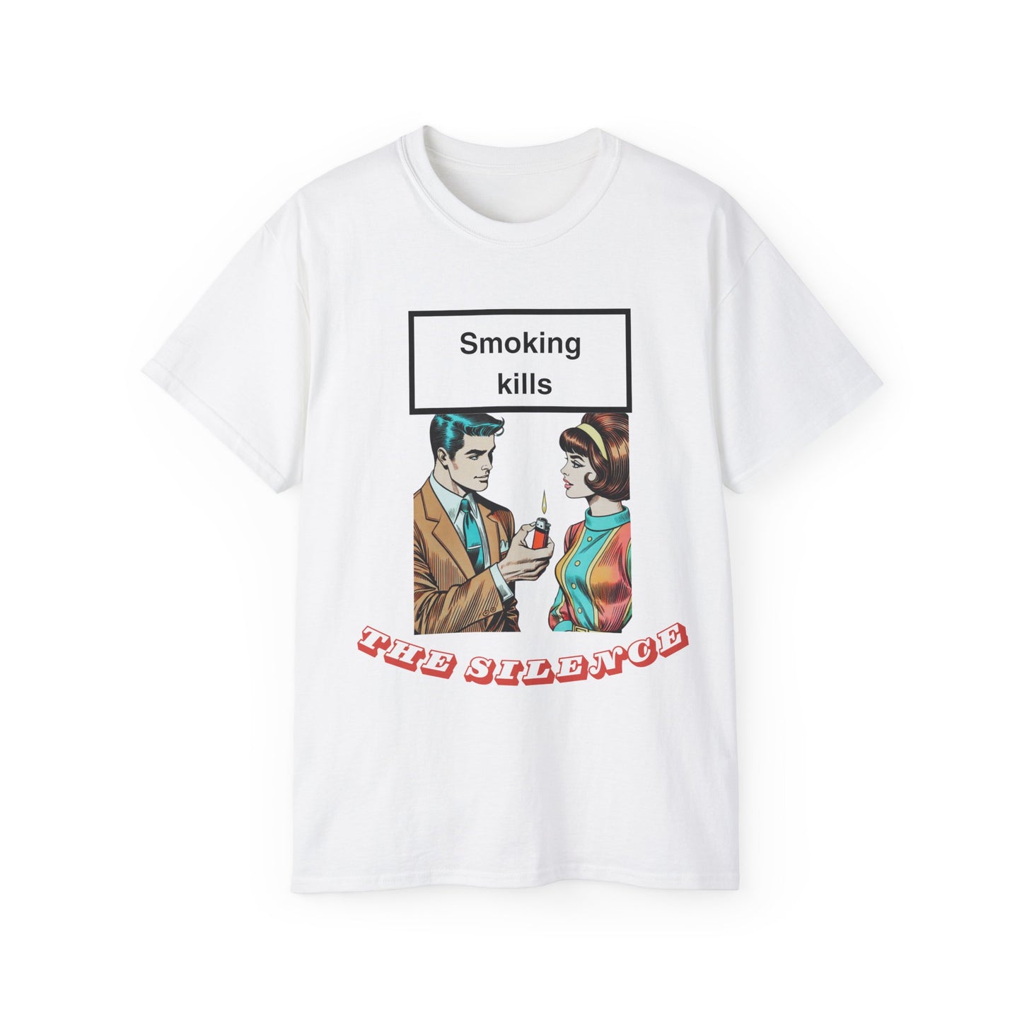 Smoking Kills T-shirt with man lighting woman’s cigarette – full front graphic