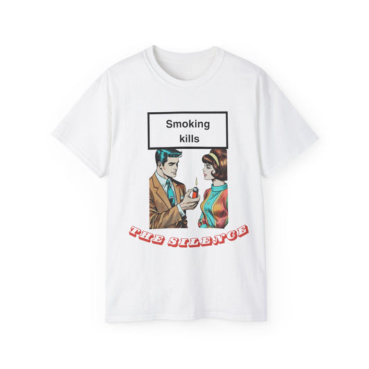 Smoking Kills T-shirt with man lighting woman’s cigarette – full front graphic