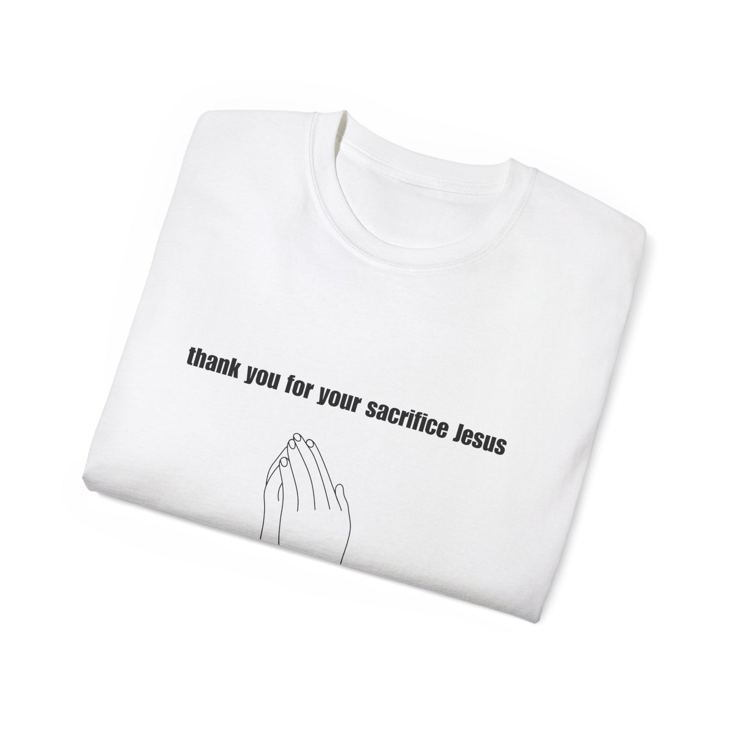 Folded Thank You Jesus tee showing partial praying hands Easter design