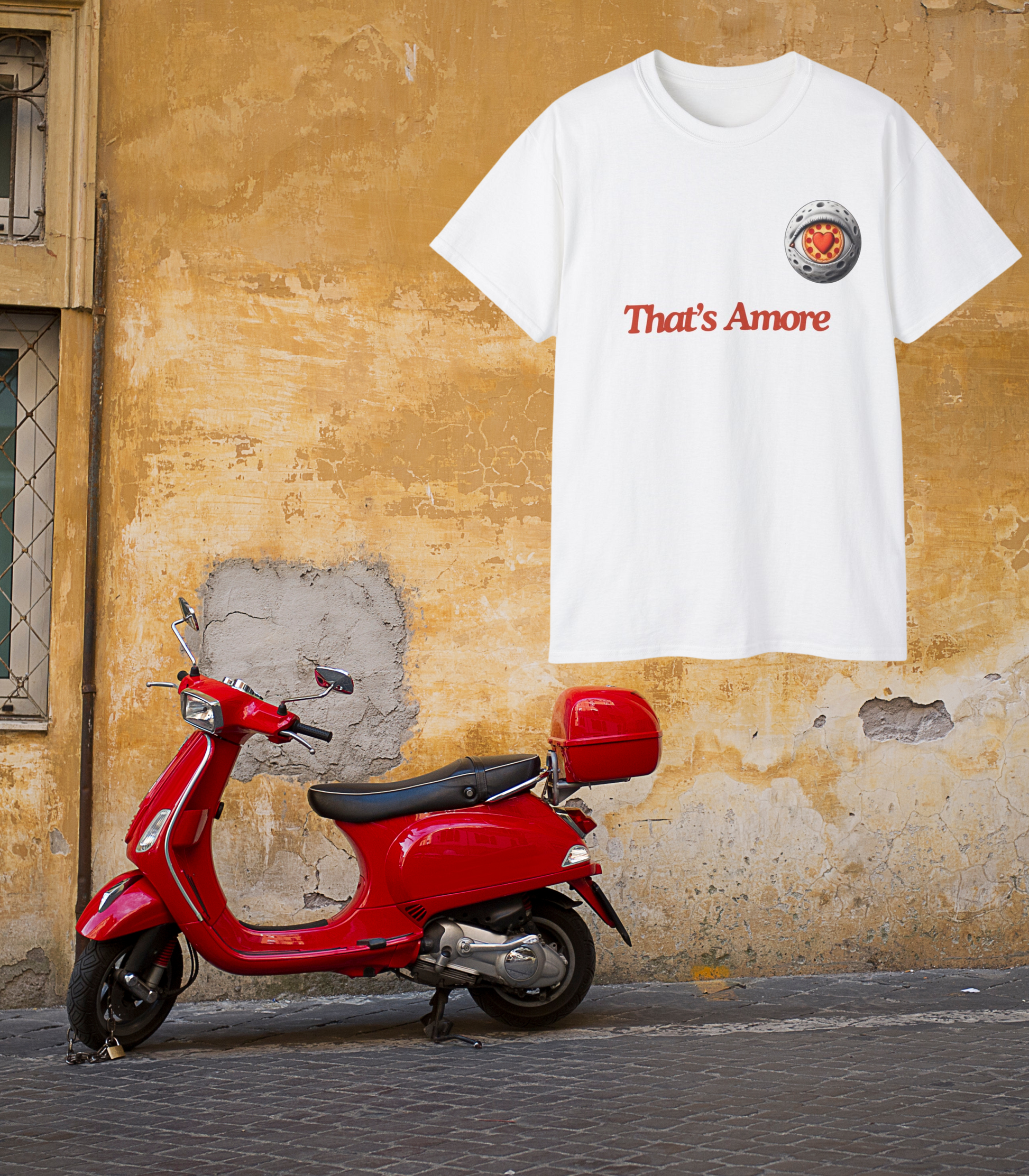 That's Amore funny pizza shirt placed above a Vespa on Italian street