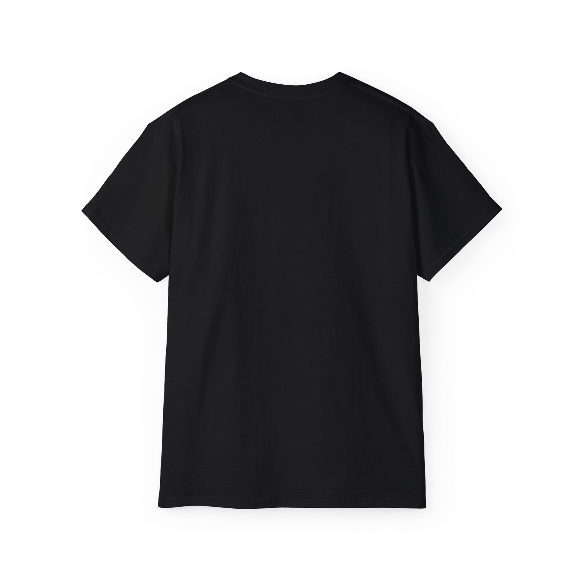 Back view of funny That's Amore pizza shirt – plain back, black colour version