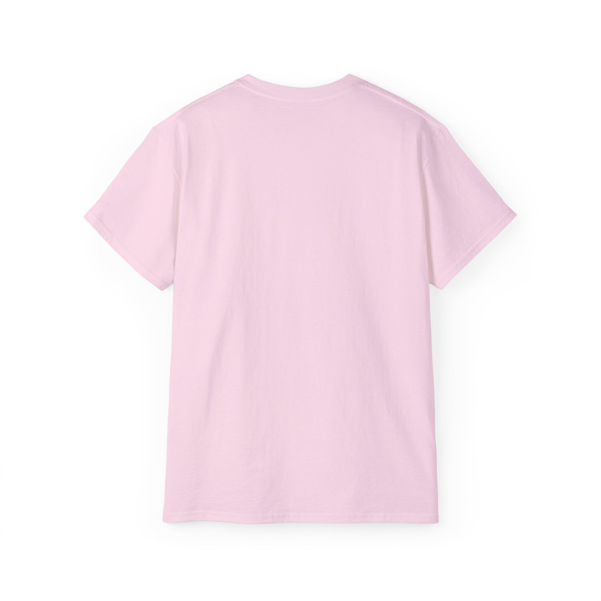 Back view of funny That's Amore pizza shirt – plain back, pink colour version