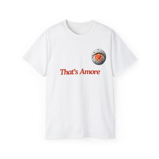 That's Amore funny pizza T-shirt with a moon with heart shaped eye – front view