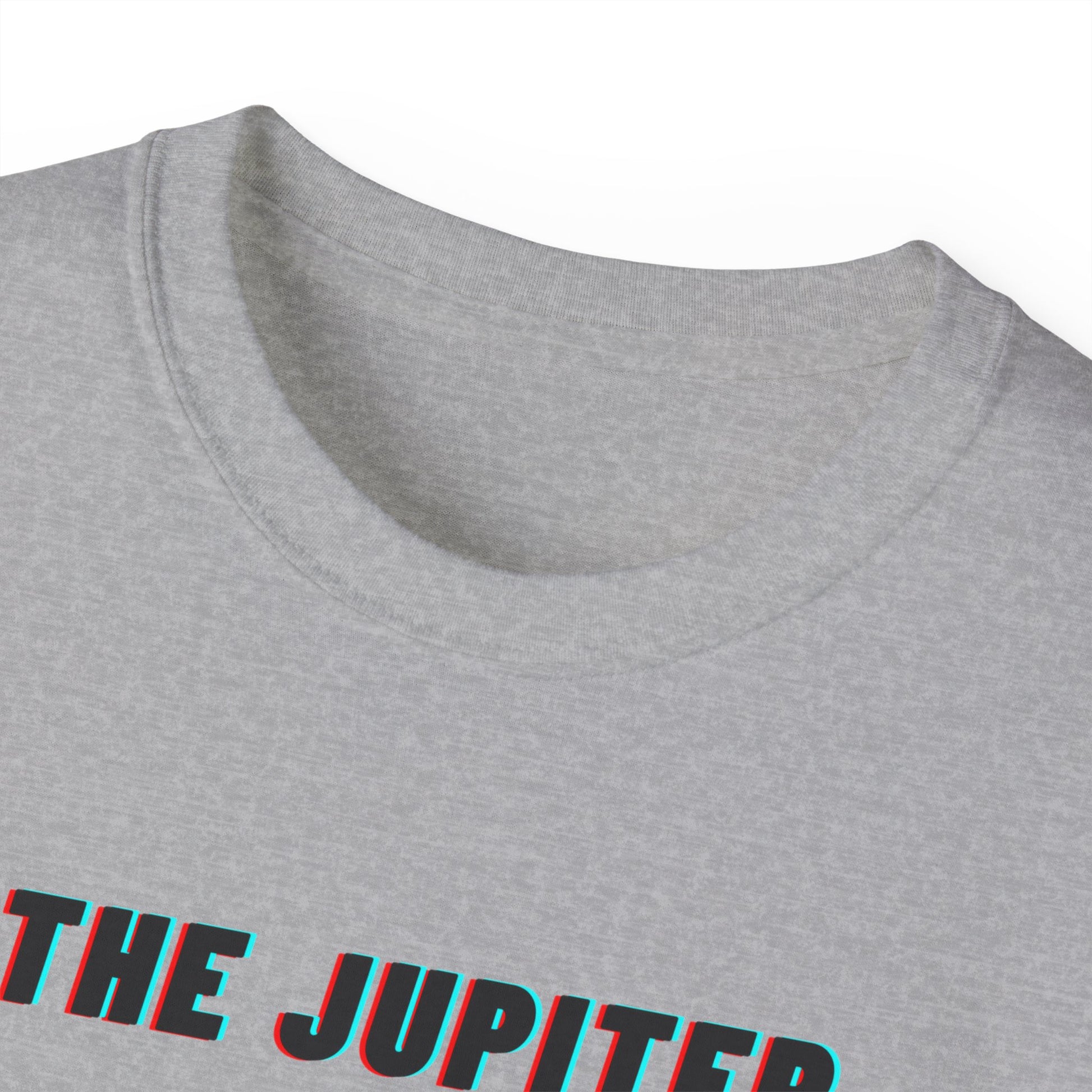 Collar detail of The Jupiter Method T-shirt – soft cotton, unisex fit, grey colour version
