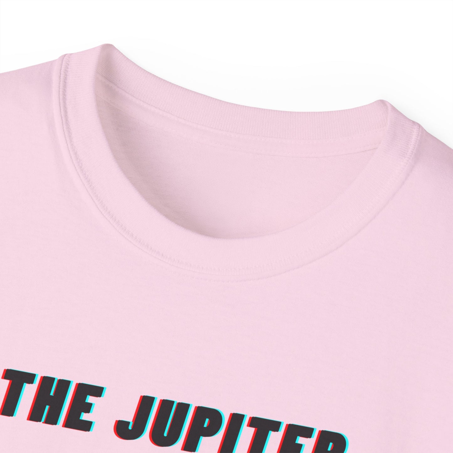 Collar detail of The Jupiter Method T-shirt – soft cotton, unisex fit, pink colour version