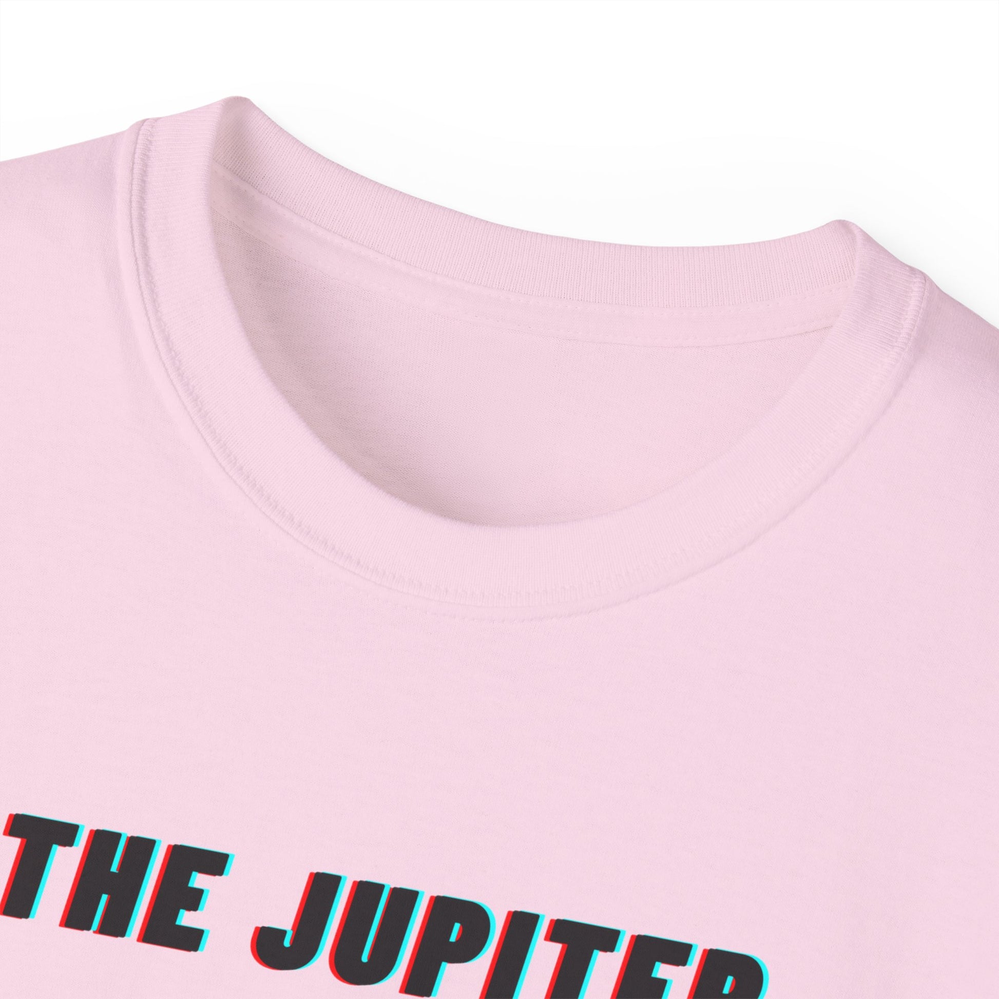 Collar detail of The Jupiter Method T-shirt – soft cotton, unisex fit, pink colour version