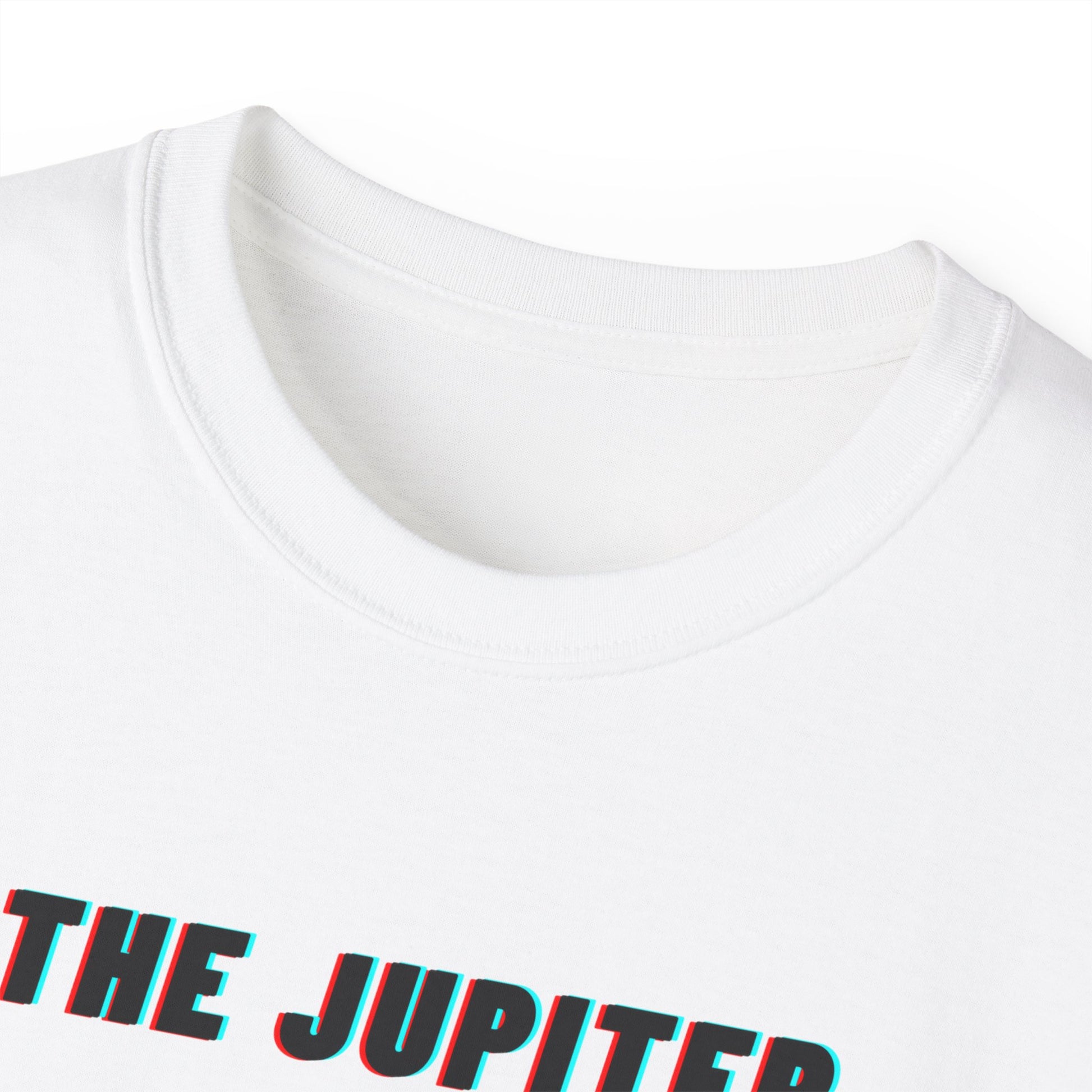Collar detail of The Jupiter Method T-shirt – soft cotton, unisex fit