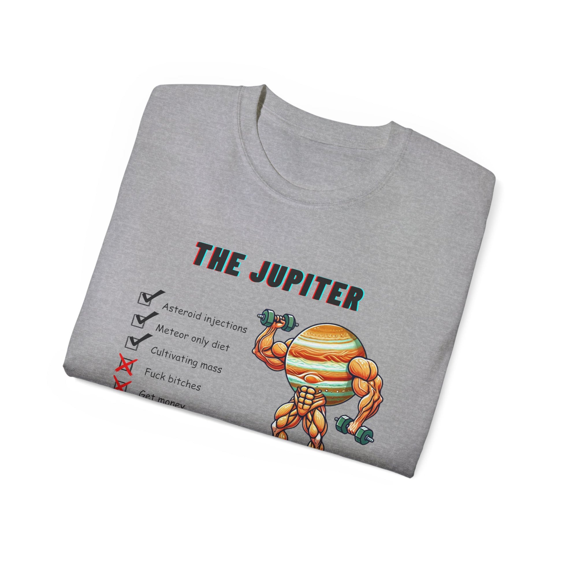 Folded The Jupiter Method T-shirt showing partial weightlifting planet graphic, grey colour version