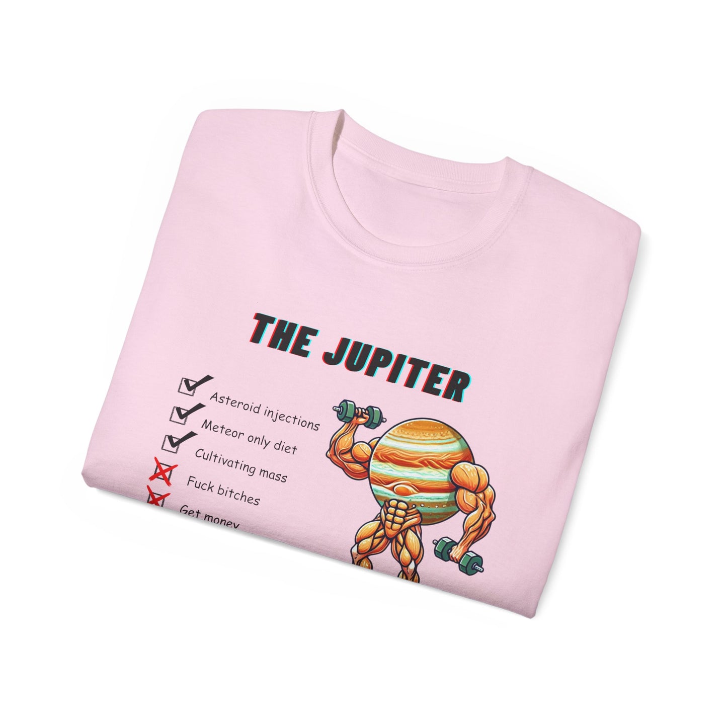 Folded The Jupiter Method T-shirt showing partial weightlifting planet graphic, pink colour version