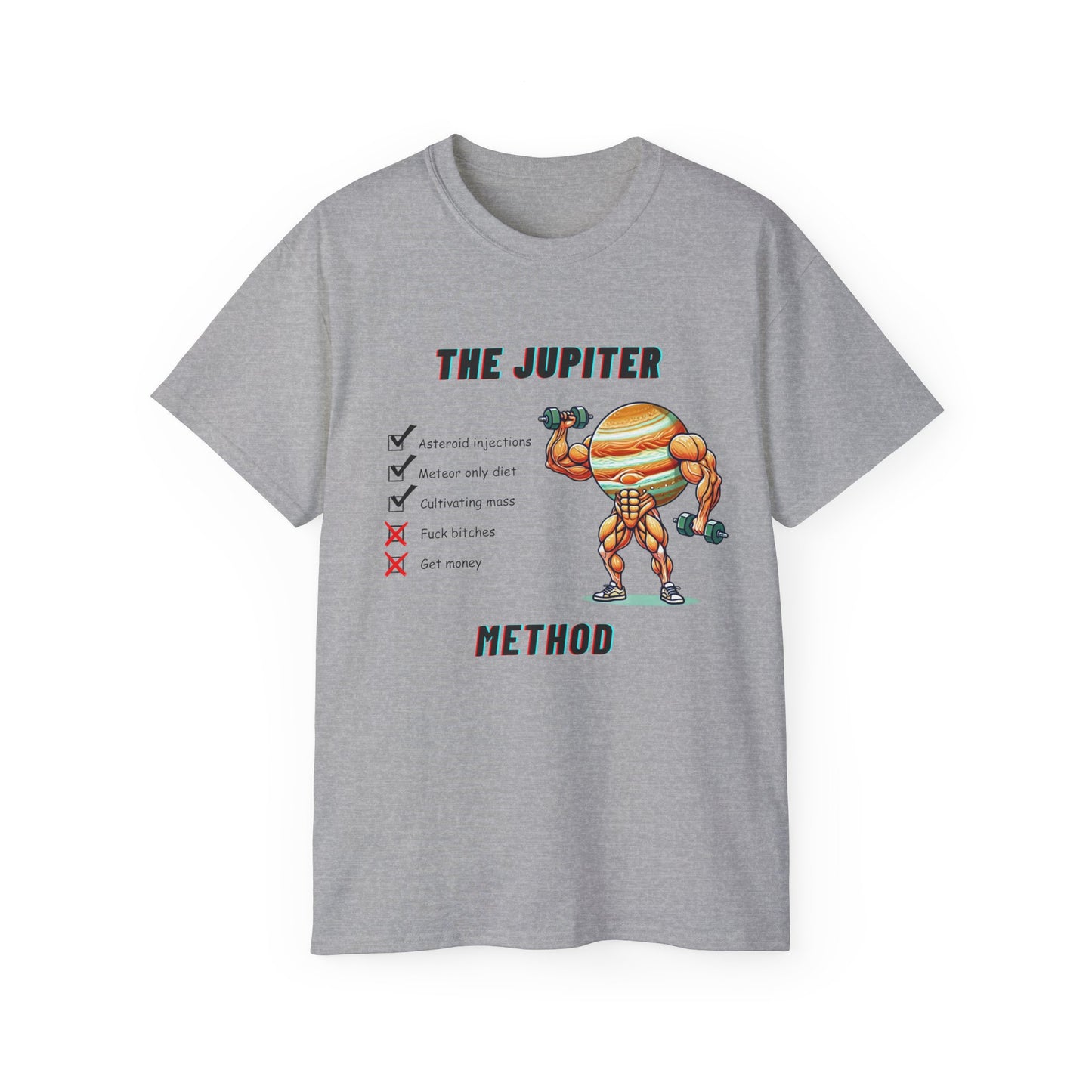 The Jupiter Method T-shirt showing muscular planet Jupiter lifting weights – funny gym design front view, grey colour version