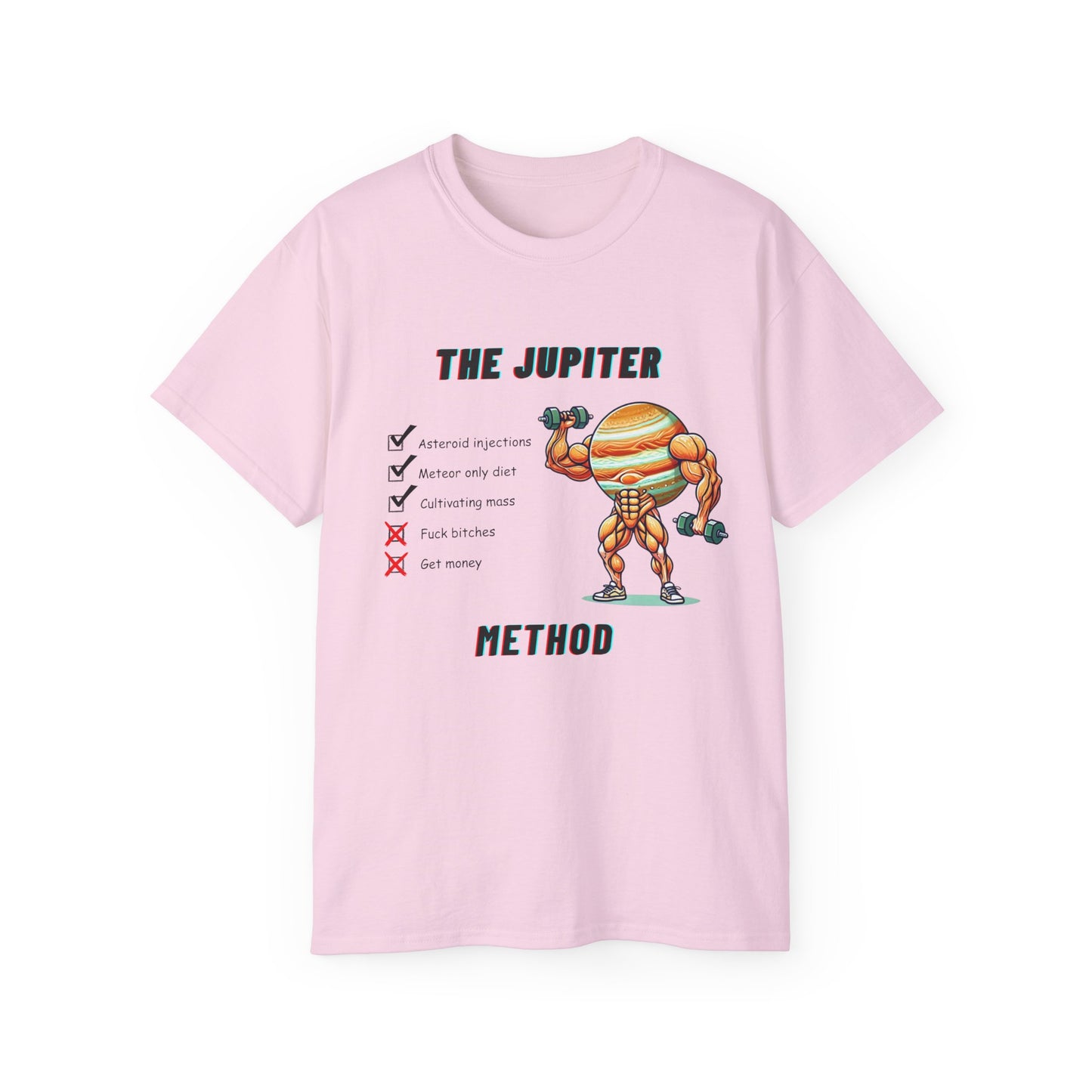 The Jupiter Method T-shirt showing muscular planet Jupiter lifting weights – funny gym design front view, pink colour version