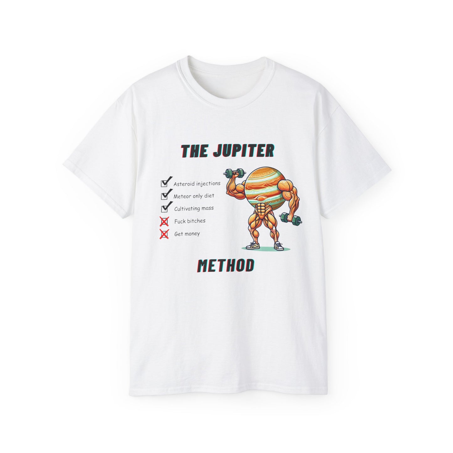 The Jupiter Method T-shirt showing muscular planet Jupiter lifting weights – funny gym design front view