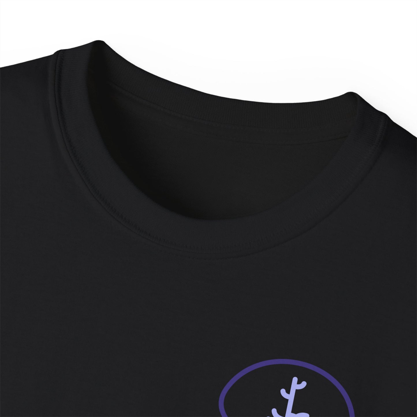 Close-up of Viva Las Vagus T-shirt collar and neckline stitching detail black colour version