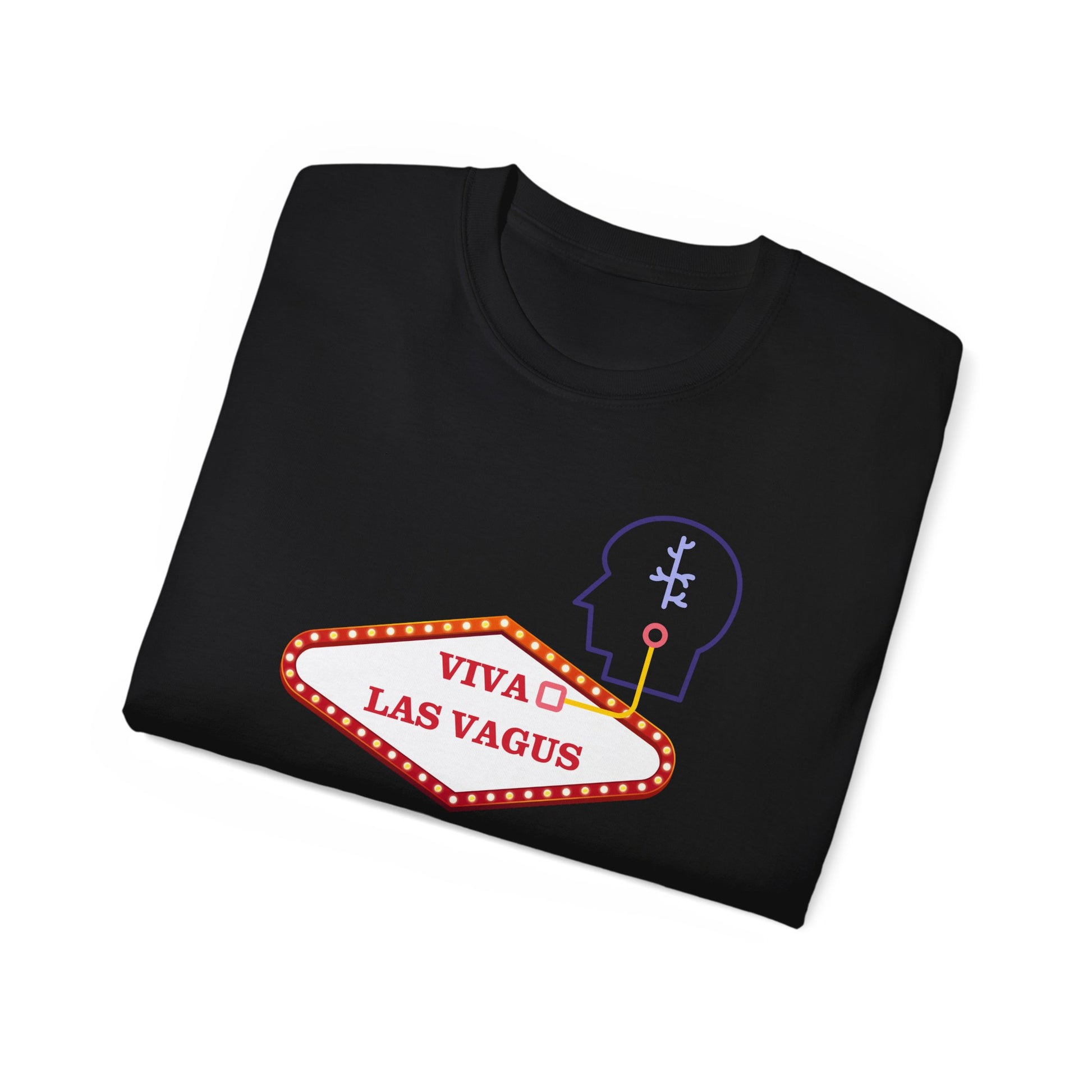 Folded Viva Las Vagus T-shirt partially showing Las Vegas sign and vagus nerve design black colour version