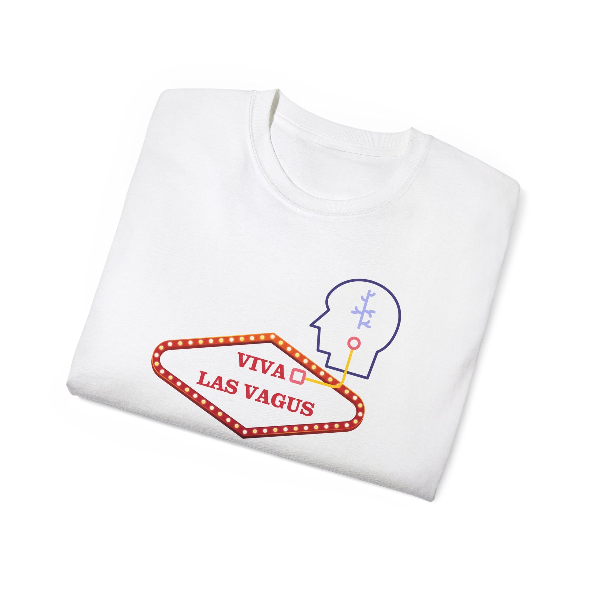 Folded Viva Las Vagus T-shirt partially showing Las Vegas sign and vagus nerve design