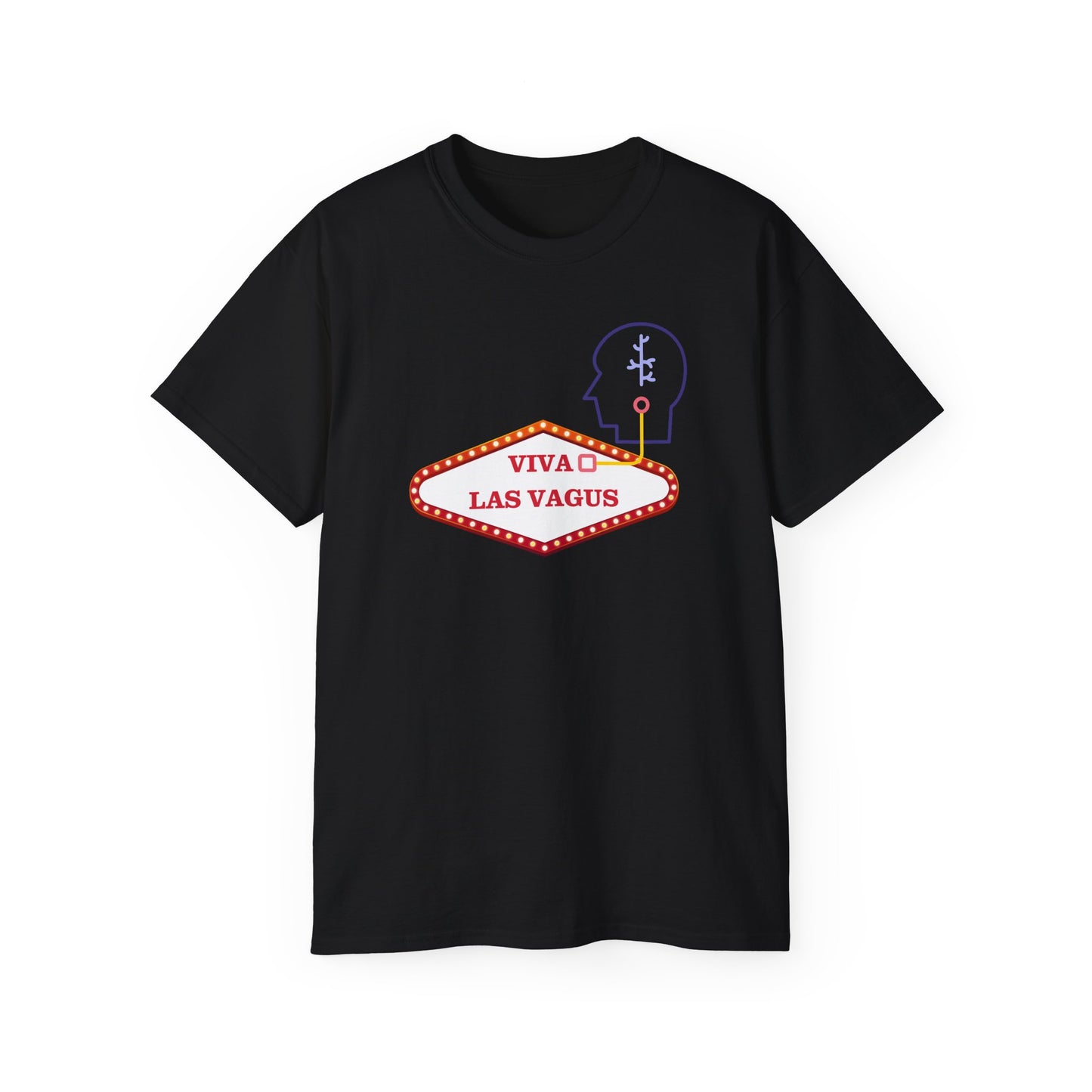 Front view of Viva Las Vagus T-shirt featuring Las Vegas sign connected to illustrated vagus nerve on maroon background black colour version