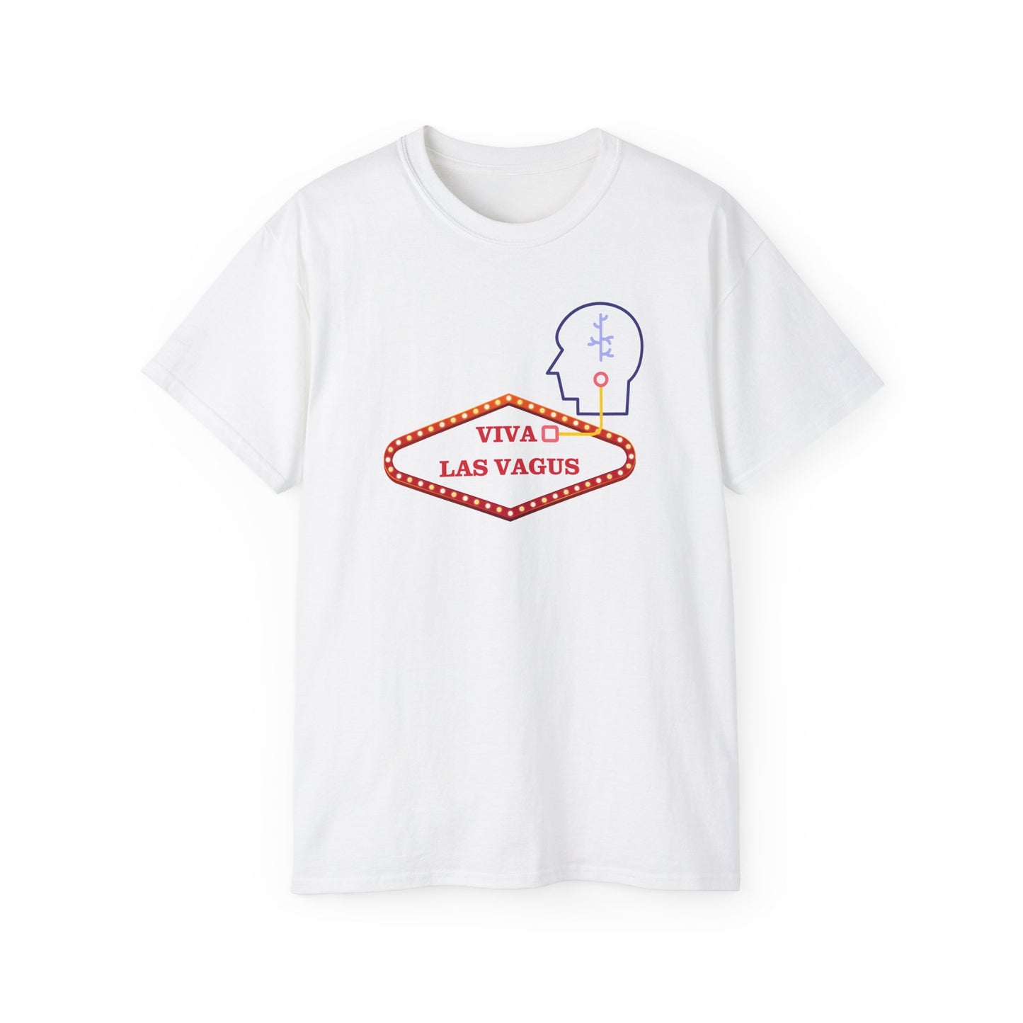 Front view of Viva Las Vagus T-shirt featuring Las Vegas sign connected to illustrated vagus nerve on maroon background