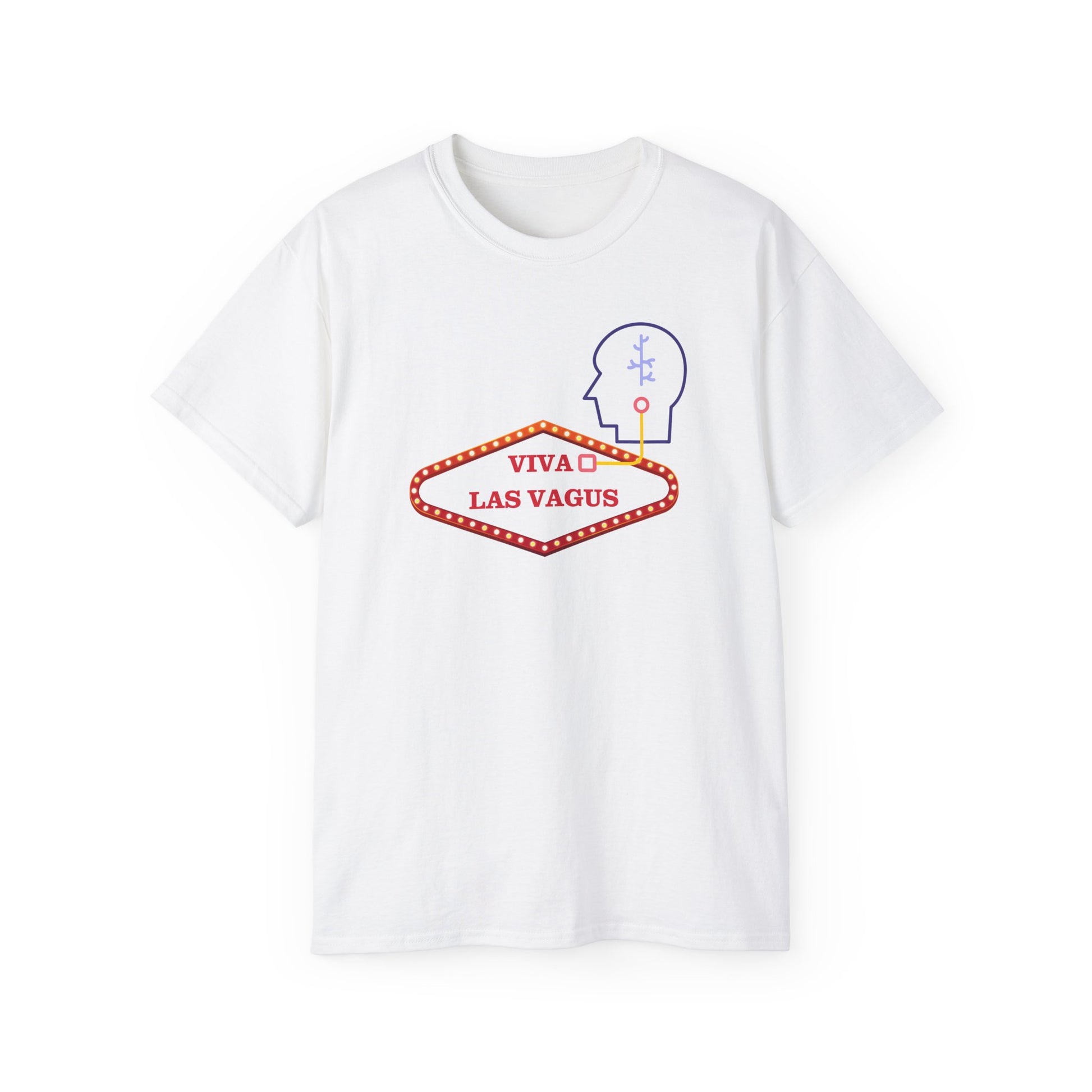 Front view of Viva Las Vagus T-shirt featuring Las Vegas sign connected to illustrated vagus nerve on maroon background