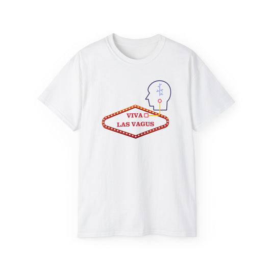 Front view of Viva Las Vagus T-shirt featuring Las Vegas sign connected to illustrated vagus nerve on maroon background
