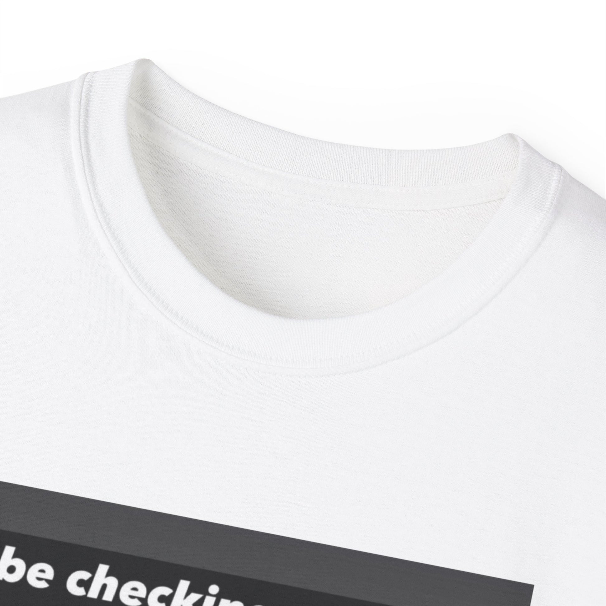 Close-up of What the Goat Up To T-shirt collar and neckline stitching detail white colour version 