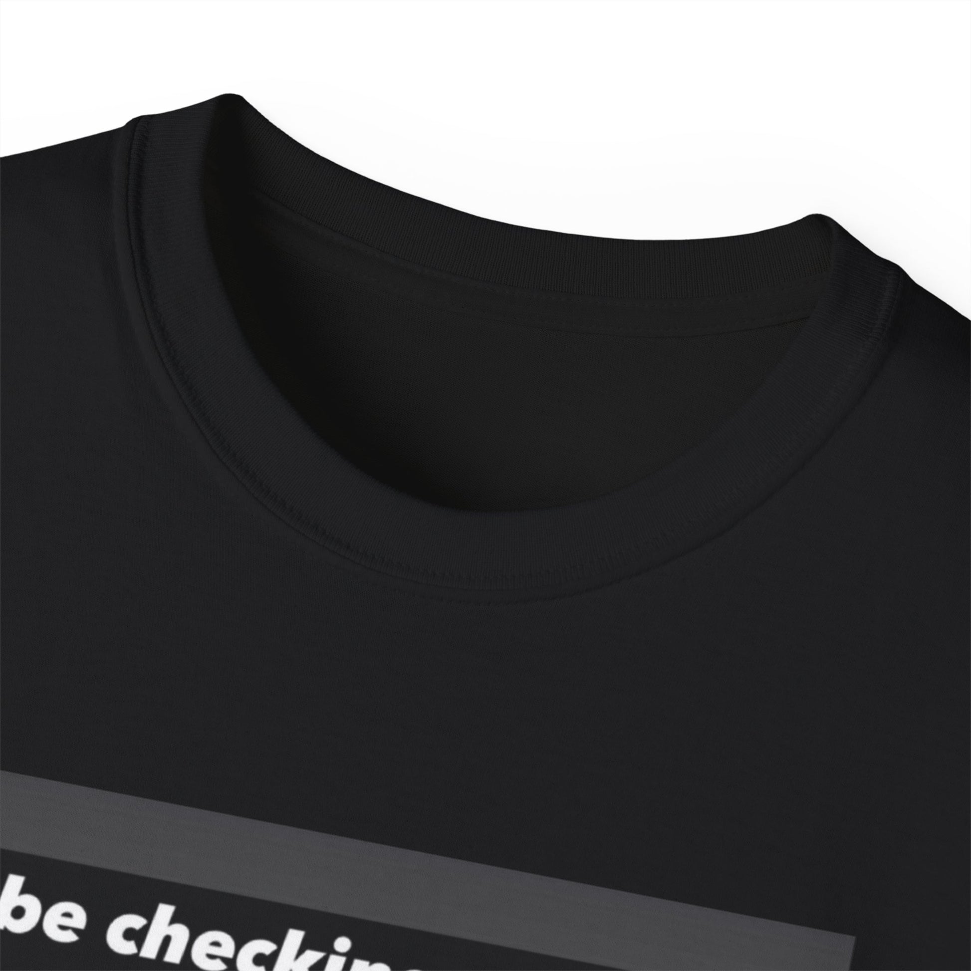Close-up of What the Goat Up To T-shirt collar and neckline stitching detail
