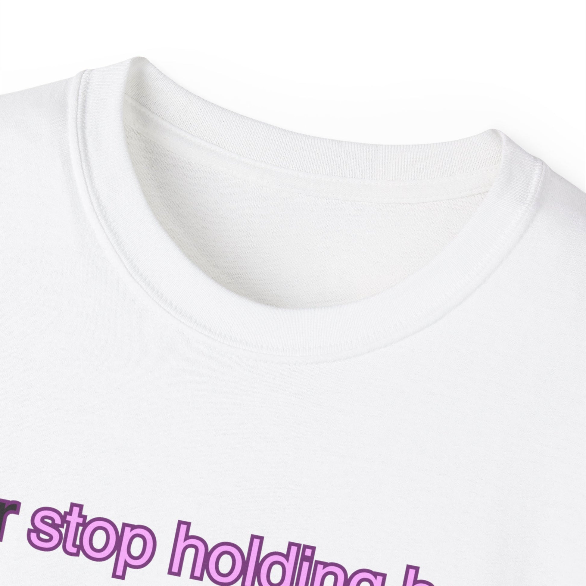 Close-up of collar on Why I Otter T-shirt – ethical soft cotton