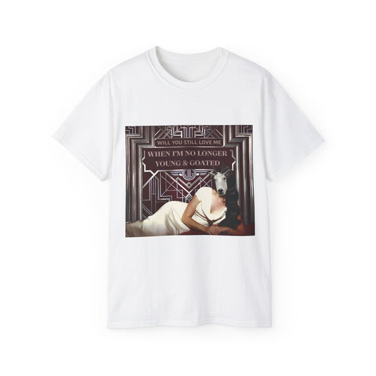 Front view of Young and Goated T-shirt featuring parody of Lana Del Rey’s Young & Beautiful cover with a goat’s head replacing hers